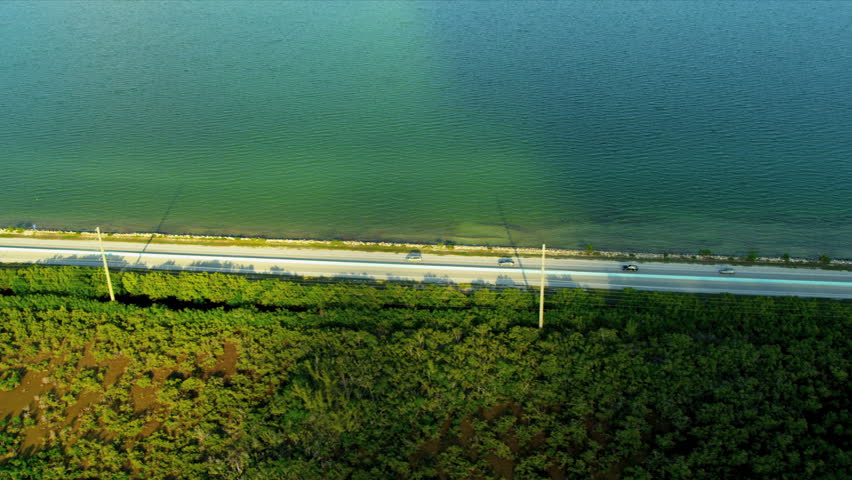Aerial view Route US 1 Highway crossing marshland Key Largo, Southern Florida, USA