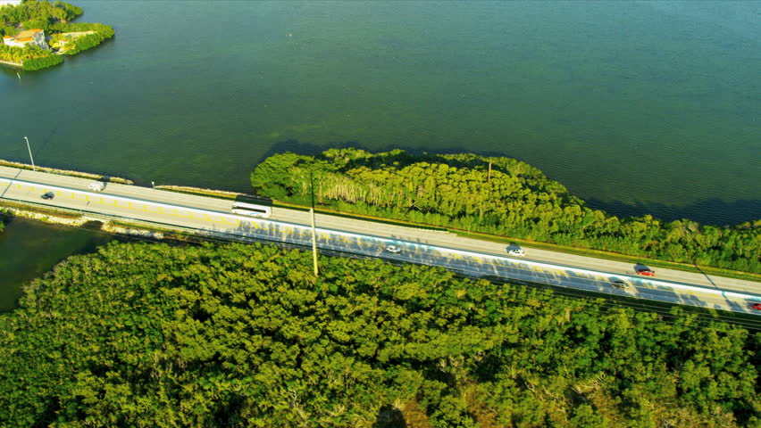 Aerial view Route US 1 Highway crossing marshland Key Largo, Southern Florida, USA, RED EPIC