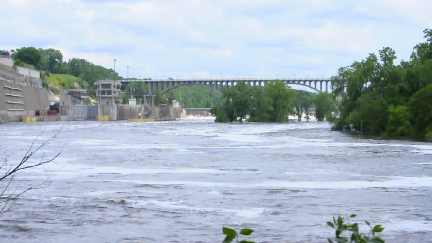 Locked down shot of Mississippi River below lock and dam number 1 near confluence with Minnehaha Creek