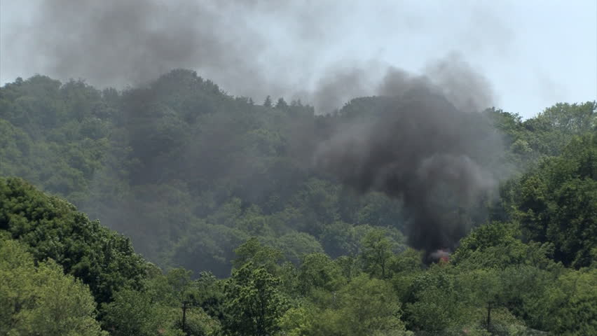 A fires rages out of control in the woods.