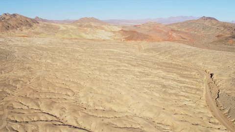 Aerial view desert rocky landscape in hot arid climate nr Las Vegas, Nevada, USA,