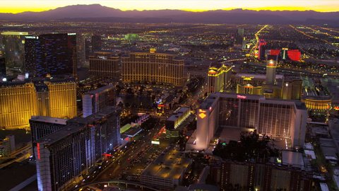 Las Vegas - January 2013: Aerial view sunset Las Vegas illuminated city Hotels and Casinos, Las Vegas, Nevada, USA, RED EPIC