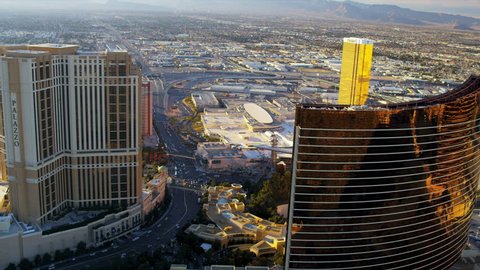 Las Vegas - January 2013: Aerial landscape illuminated view suburban Las Vegas at sunset Hotels and Casinos, Nevada, USA, RED EPIC