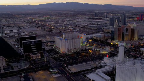 Las Vegas - January 2013: Aerial view Las Vegas Strip illuminated at dusk, Nevada, USA, RED EPIC