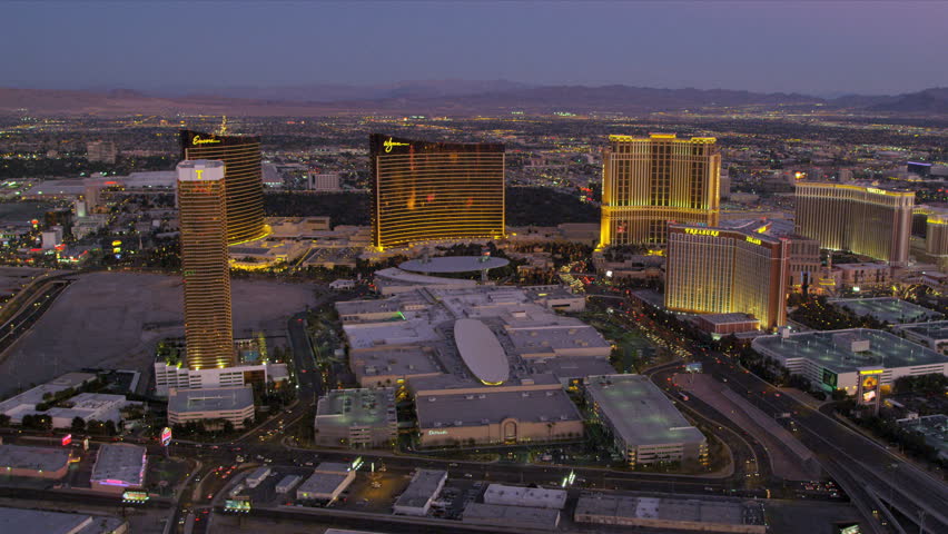 Las Vegas - January 2013: Aerial landscape view at dusk illuminated luxury Hotels and Casinos Las Vegas, Nevada, USA, RED EPIC