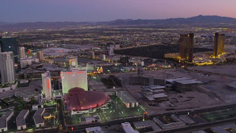Las Vegas - January 2013:Aerial view at dusk Las Vegas Strip city Hotels and Casinos, Nevada, USA, RED EPIC