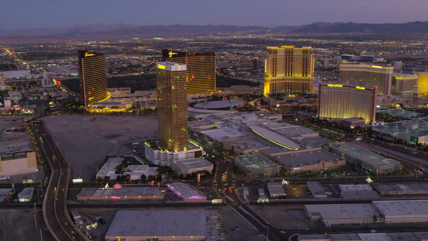 Las Vegas - January 2013: Aerial landscape view at dusk illuminated luxury Hotels and Casinos Las Vegas, Nevada, USA, RED EPIC