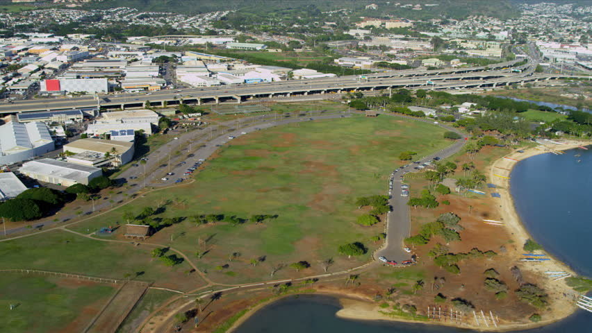 Aerial view of modern coastal highway, Honolulu, Hawaii