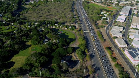 Aerial view of suburban traffic, Honolulu, Hawaii