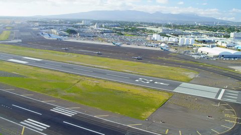 Aerial view F15 jets on runway, Honolulu, Hawaii