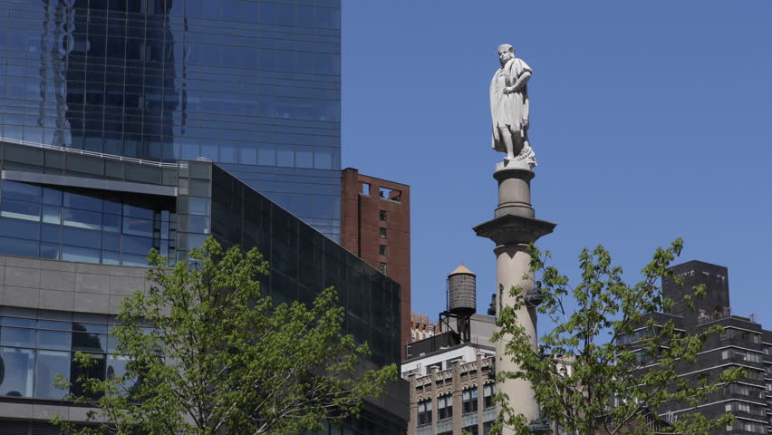 NEW YORK CITY, USA - APRIL 15, 2013 Columbus Circle Statue NYC, Broadway Modern Skyscrapers, Old Water Tank Tower