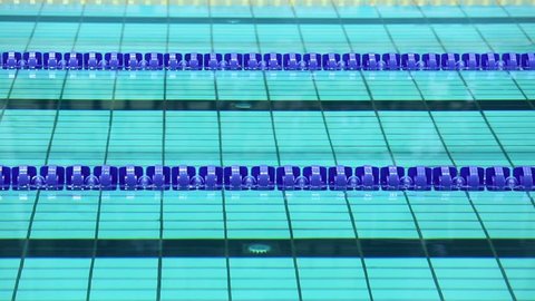Several sportswomen swim in butterfly style by track at basin