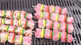 Meat and vegetable kebabs being turned on a grill