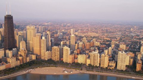 Aerial sunrise cityscape view Chicago skyline downtown Lake Shore Drive, John Hancock Building, Chicago, Illinois, USA, shot on RED EPIC