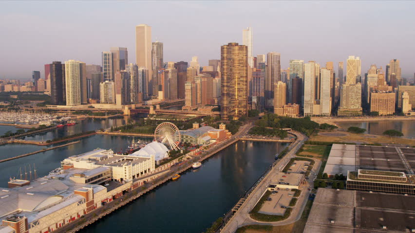 Aerial Sunrise View Chicago Skyline Navy Stock Footage Video (100% 