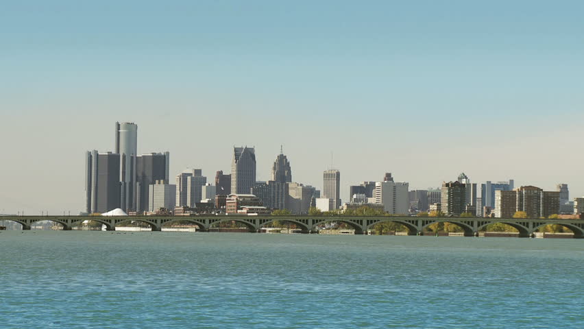 View of Detroit, Michigan, with Detroit River and bridge to Belle Isle in the