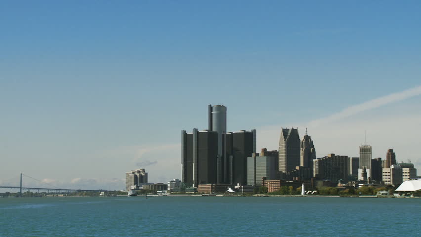 Panning from the skyline of Windsor, Ontario, Canada to Detroit, Michigan, USA