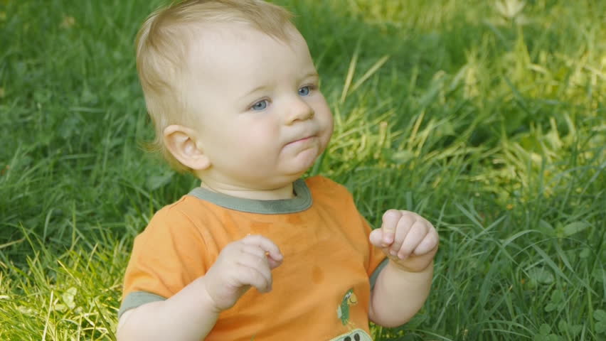 HD1080p25 Baby (10 months old) eating a watermelon on green meadow. | Shutterstock HD Video #4250300