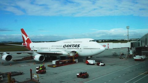 BRISBANE AUSTRALIA -CIRCA June 2013: a qantas boeing 747 being prepared for flight at brisbane international airport