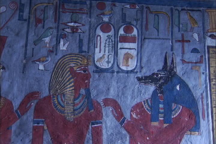 Colorful paintings on the wall of the burial chamber of Ramesses I in the Valley of the Kings, Egypt