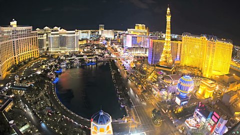 Las Vegas - January 2013: Illuminated view Bellagio Hotel nr Caesars Palace, Las Vegas Strip, USA, Time Lapse