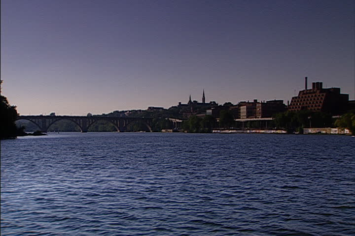 POV traveling on the Potomac River approaching Georgetown in Washington.