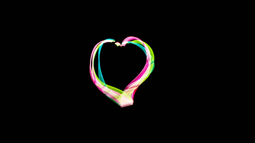 Three bouncing heart shapes made of fire-like glowing lines.  Clip created by