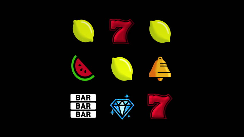Animated slot machine reels spin and come to rest at three triple bars.  Black background.