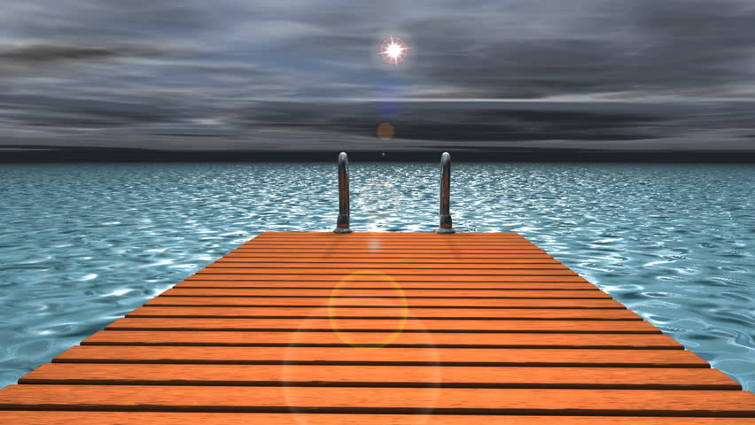 Foot bridge over animated blue water against stormy animated sky,seamless LOOP