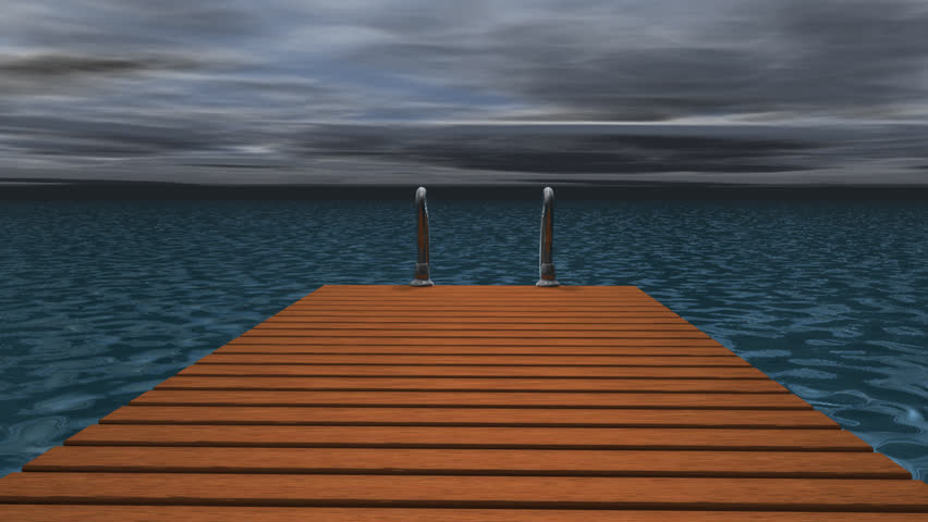 Foot bridge over animated blue water against stormy animated sky,seamless LOOP