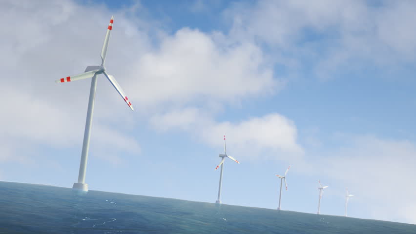 3D animation of a sea wind farm. HD 1080p perfect loop. 