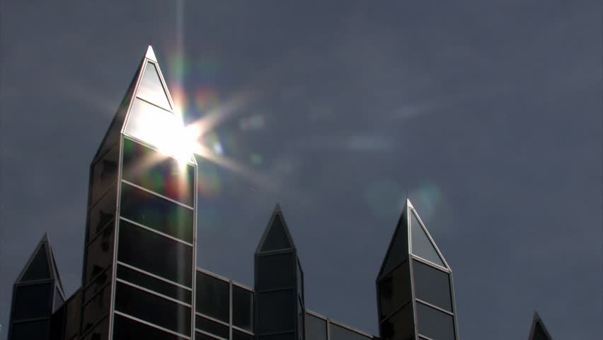 Sun reflects off the spires atop PPG Place in downtown Pittsburgh, Pennsylvania.