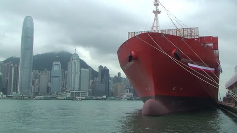 Container ship anchored in Hong Kong Harbor