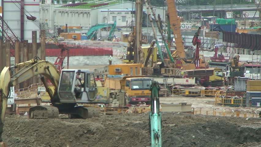 Construction machines on large site
