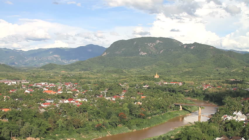 panning from left to right over the small town of Luang Prabang in Lao south 