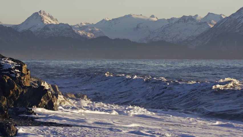 Waves breaking against the breakwater, Homer Spit in Kachemak Bay, Alaska