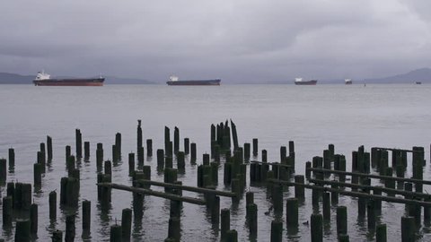Four oil tankers at anchor in the Columbia River by Astoria, Oregon 