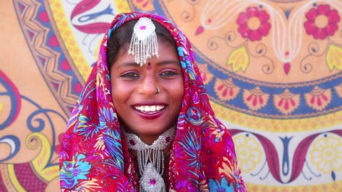 Shot of a Traditional Rajasthani woman smiling, Pushkar, Ajmer District, Rajasthan, India