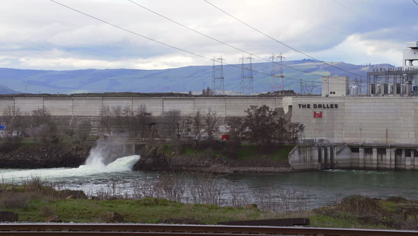 THE DALLES, OR - MARCH 2013: Spillway of the Dalles power plant and dam on the