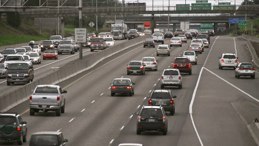 PORTLAND, OR - MARCH 2013 - Cars crawl on freeway in heavy traffic on Interstate
