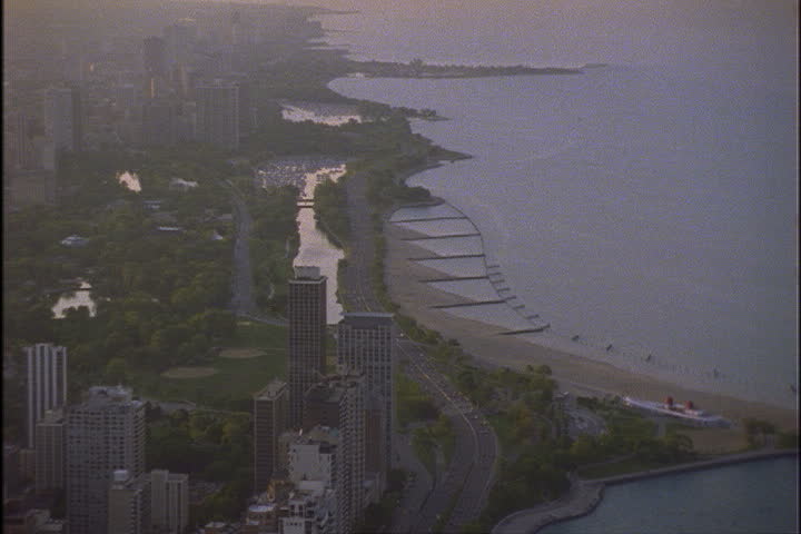 View of skyscrapers along edge of Lake Michigan in Chicago, Illinois.