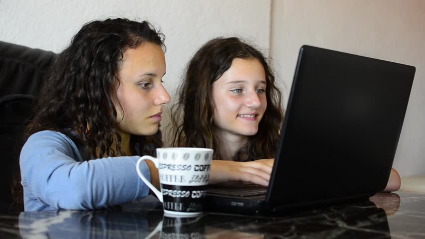 Teenage girl and sister looking at laptop. Finishing successful project and