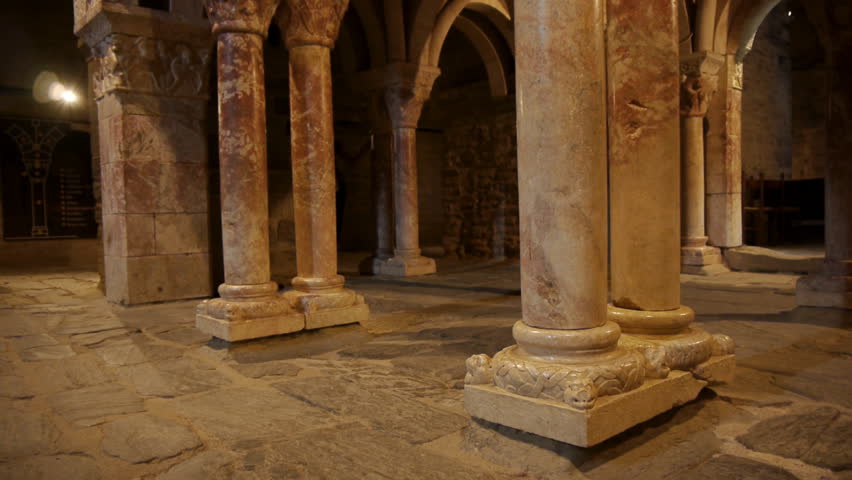Marble pillars of an old priory. Prieure de Serrabonne, France