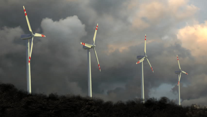 3D animation of a wind farm with a dramatic clody sky in the background. HD