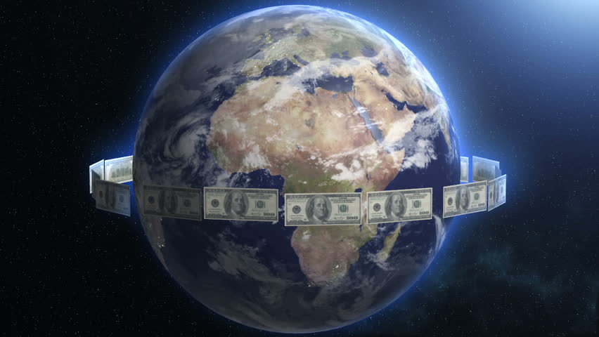 Dollar Bills around Earth. Planet cash flow, flying bucks.