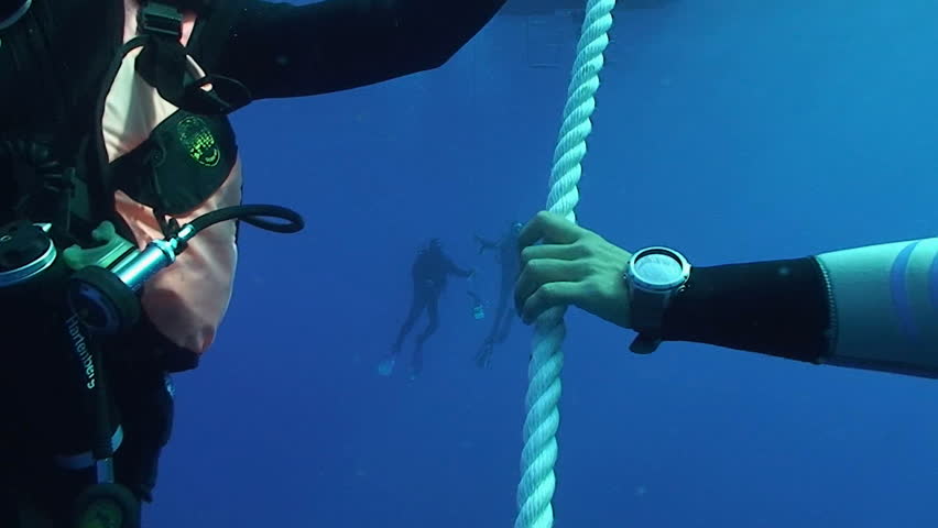 scuba diver at deco line, mediterranean sea