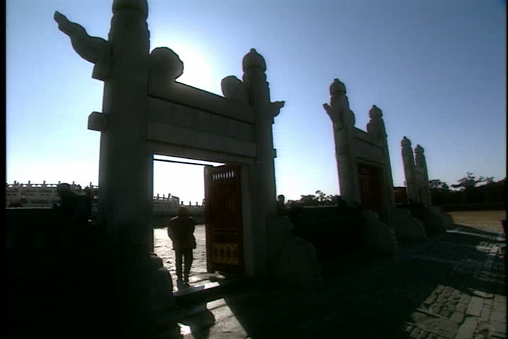 Temple of Heaven gates in silhouette in Beijing, China.