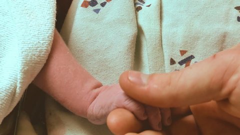 A new father holds his newborn infant baby's hand for the first time.  This is a very tender scene - Βίντεο στοκ