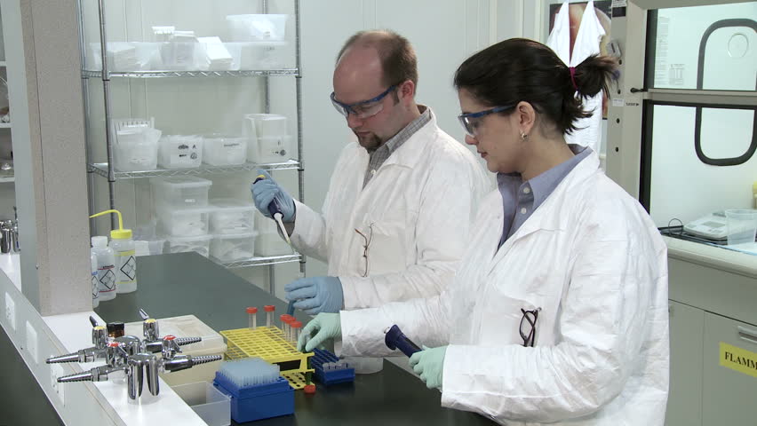 Researchers working in a laboratory, pipetting liquid.
