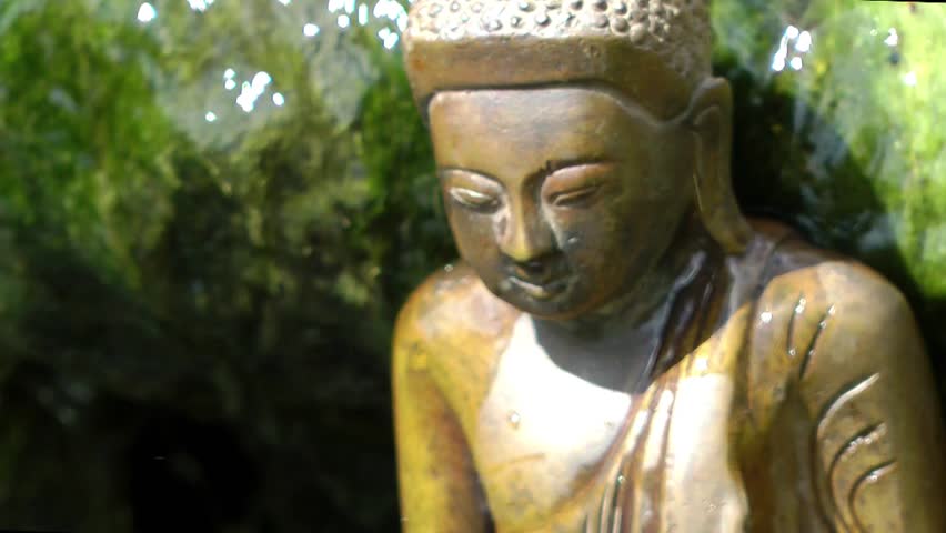 A seated statue of Buddha sits by a pool (close up)